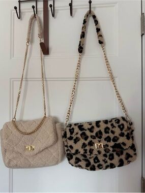Faux Sherpa Chain Shoulder Bag - Beige and Leopard - Set of 2